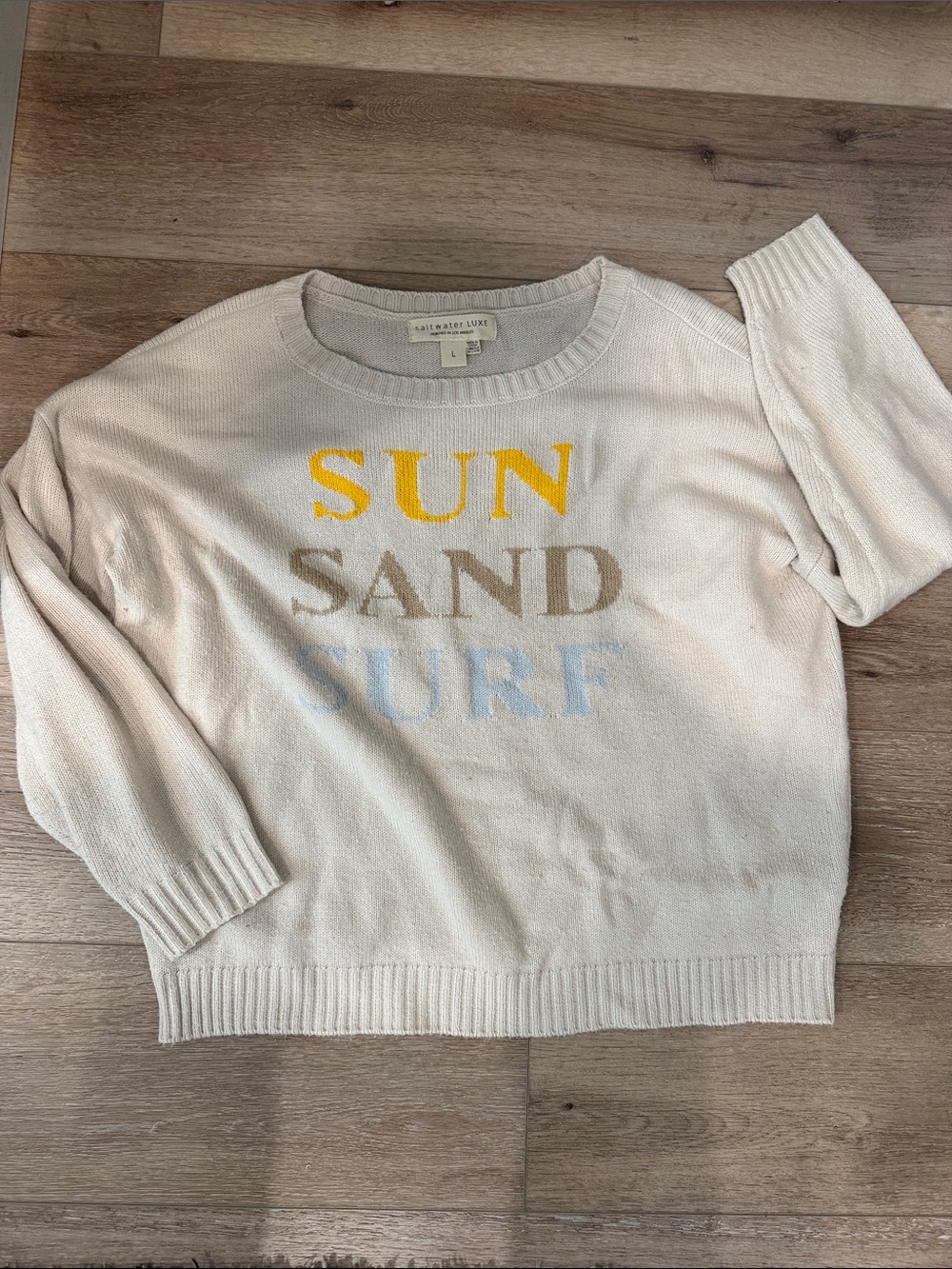 Saltwater Lux Cream Crewneck Sweater with Yellow, Tan & Light Blue Lettering